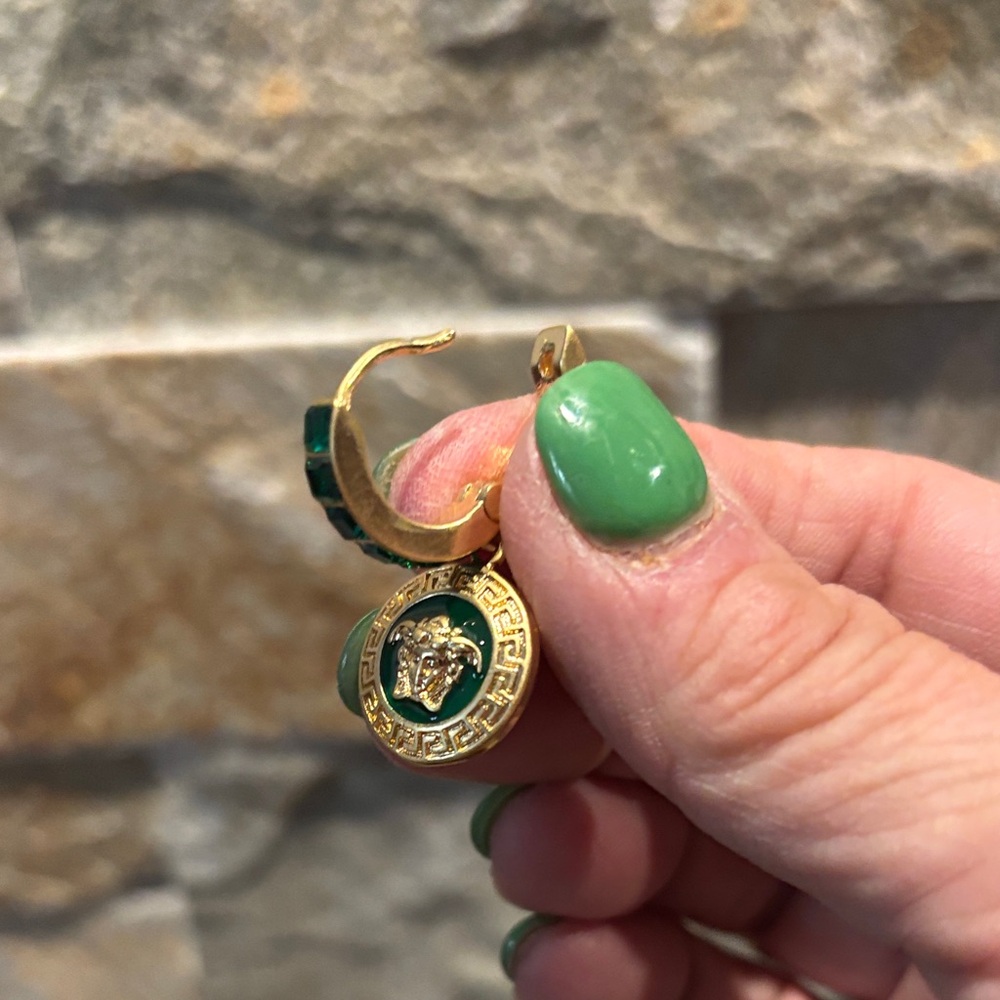 Versace Gold Tone Hoop Earrings with Green Enamel Medallions - Picture 5 of 6